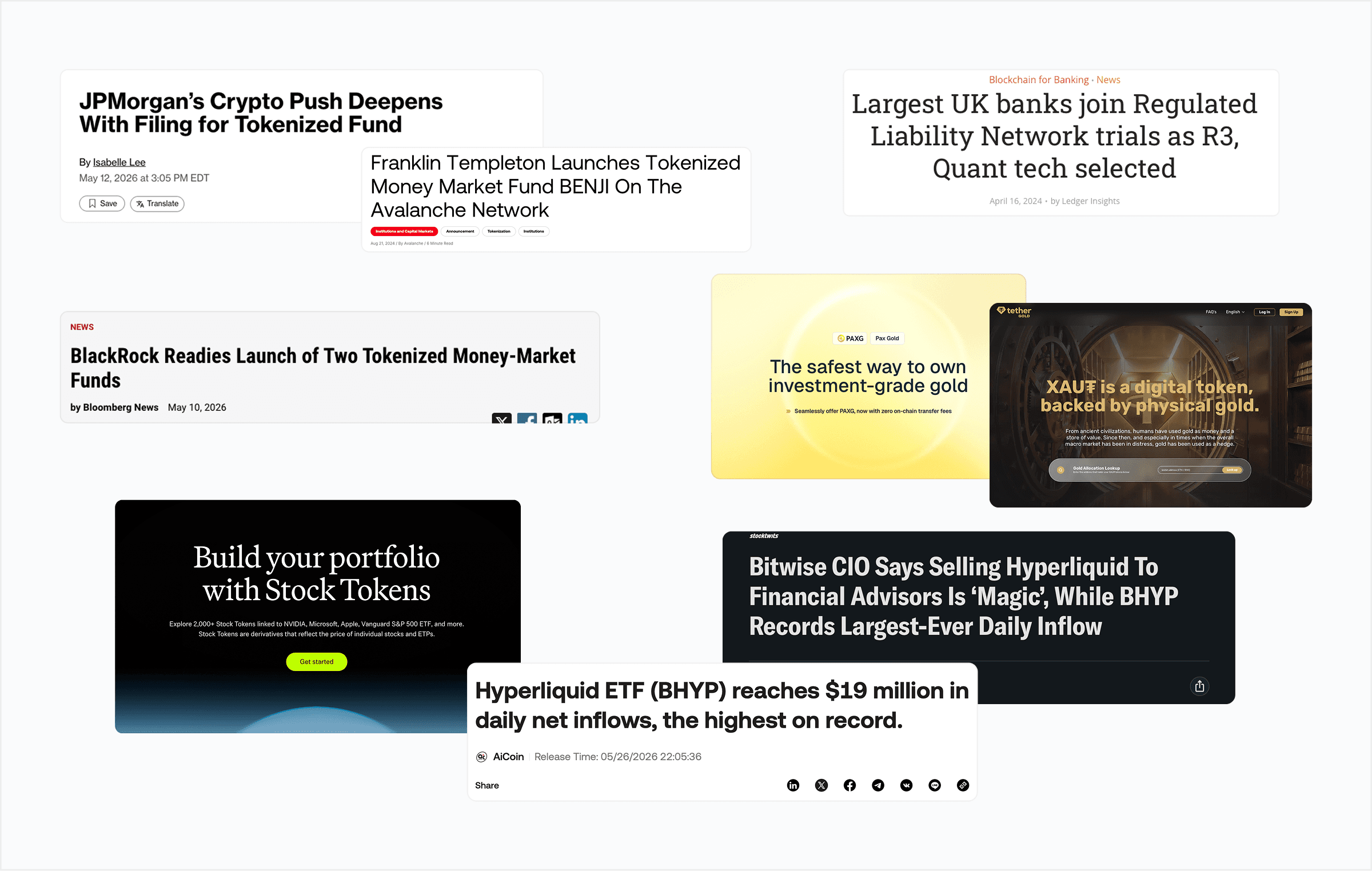 Screenshots of recent news related to blockchain, stablecoin, and decentralized finance.