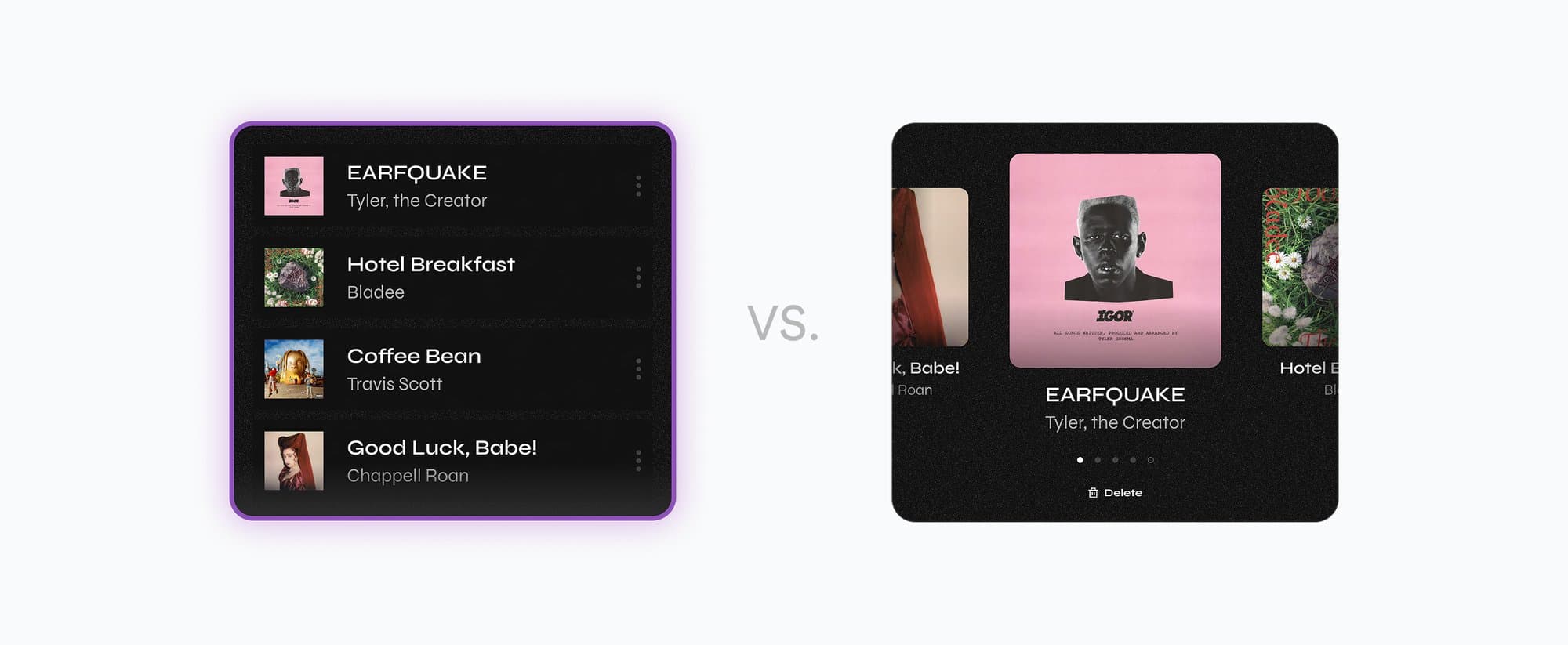 Comparison of a list view versus a swipeable card carousel for a capsule's song selection