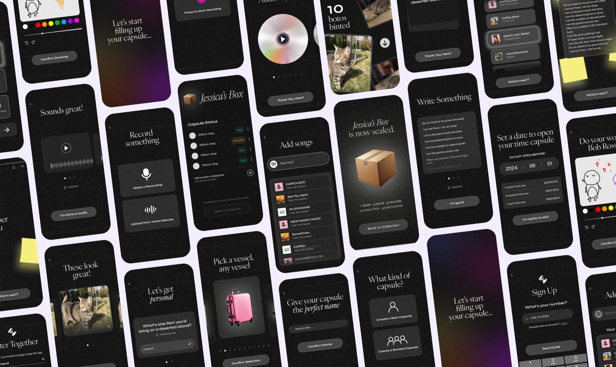 Grid of Retrospect app screens covering onboarding, capsule creation, collaborator status, sealing, and the sealed capsule reveal