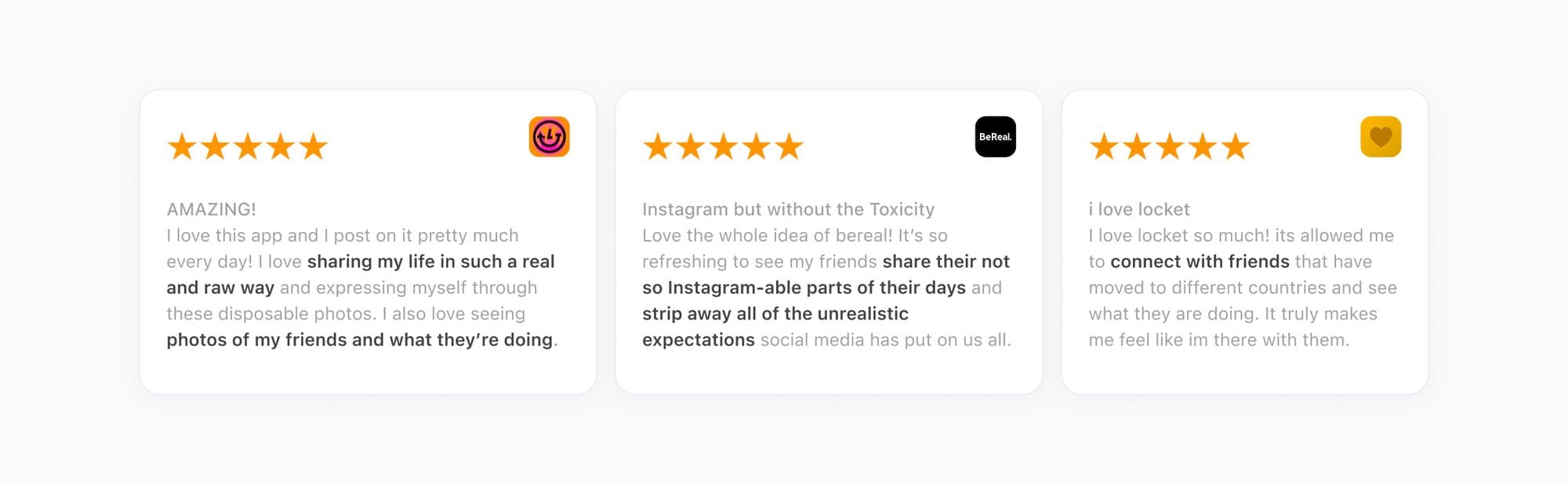 Five-star App Store reviews for Lapse, BeReal, and Locket praising their real, unfiltered, and connective experiences