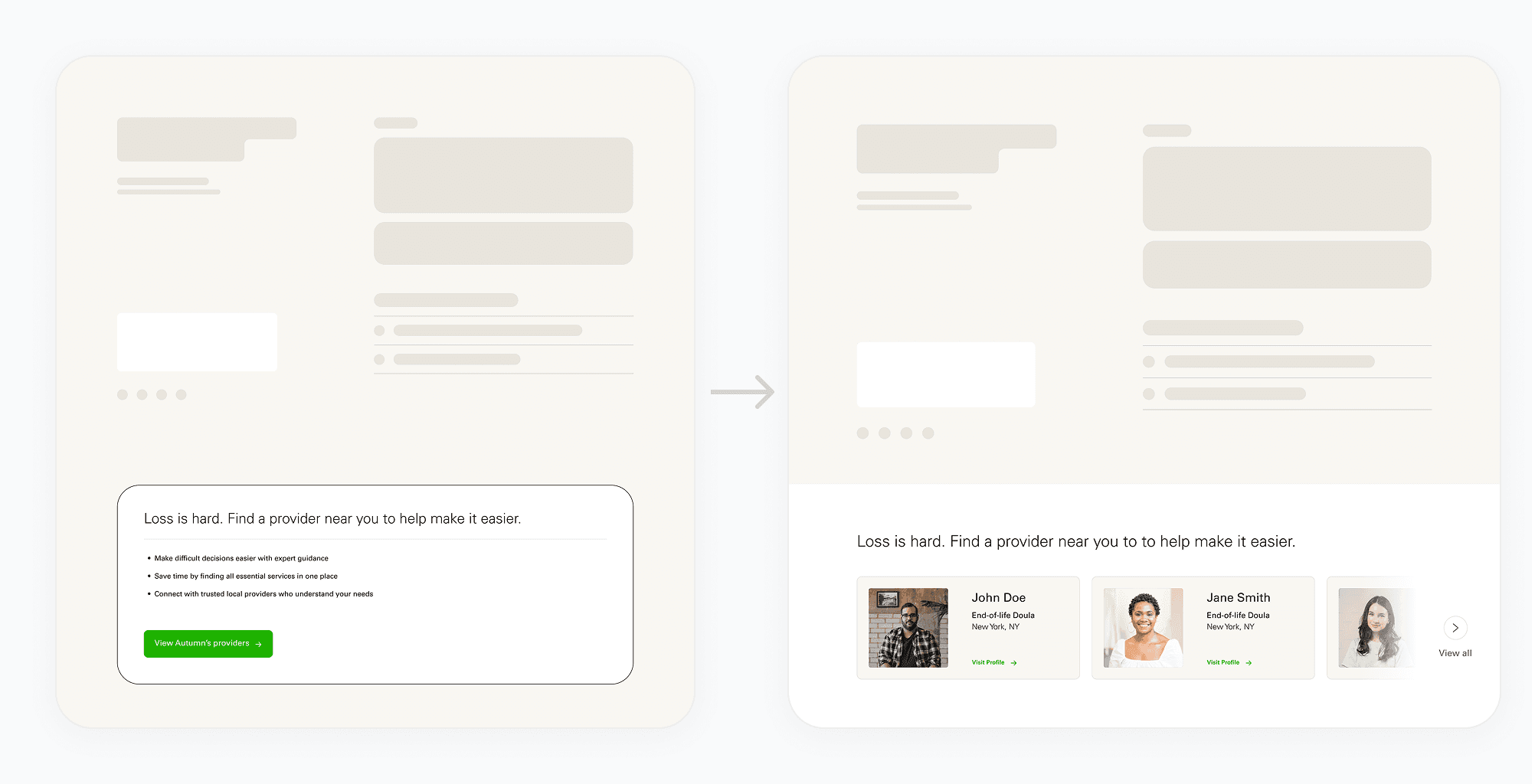 Before and after comparison of an Autumn provider search results page, ending with provider cards for John Doe and Jane Smith under the message 'Loss is hard. Find a provider near you to help make it easier.'