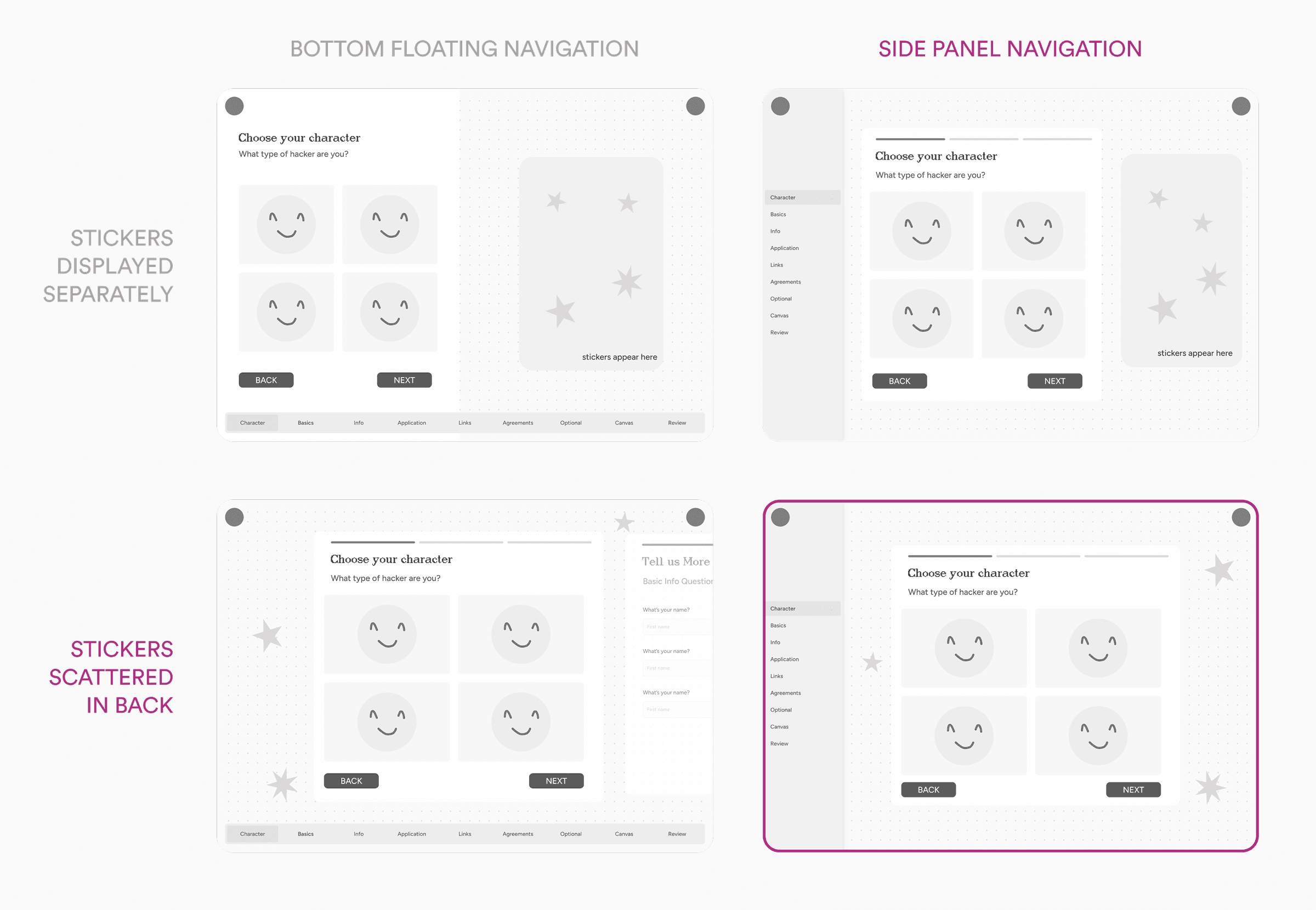 Wireframe comparison of navigation layouts, with the side panel navigation option selected as the final direction