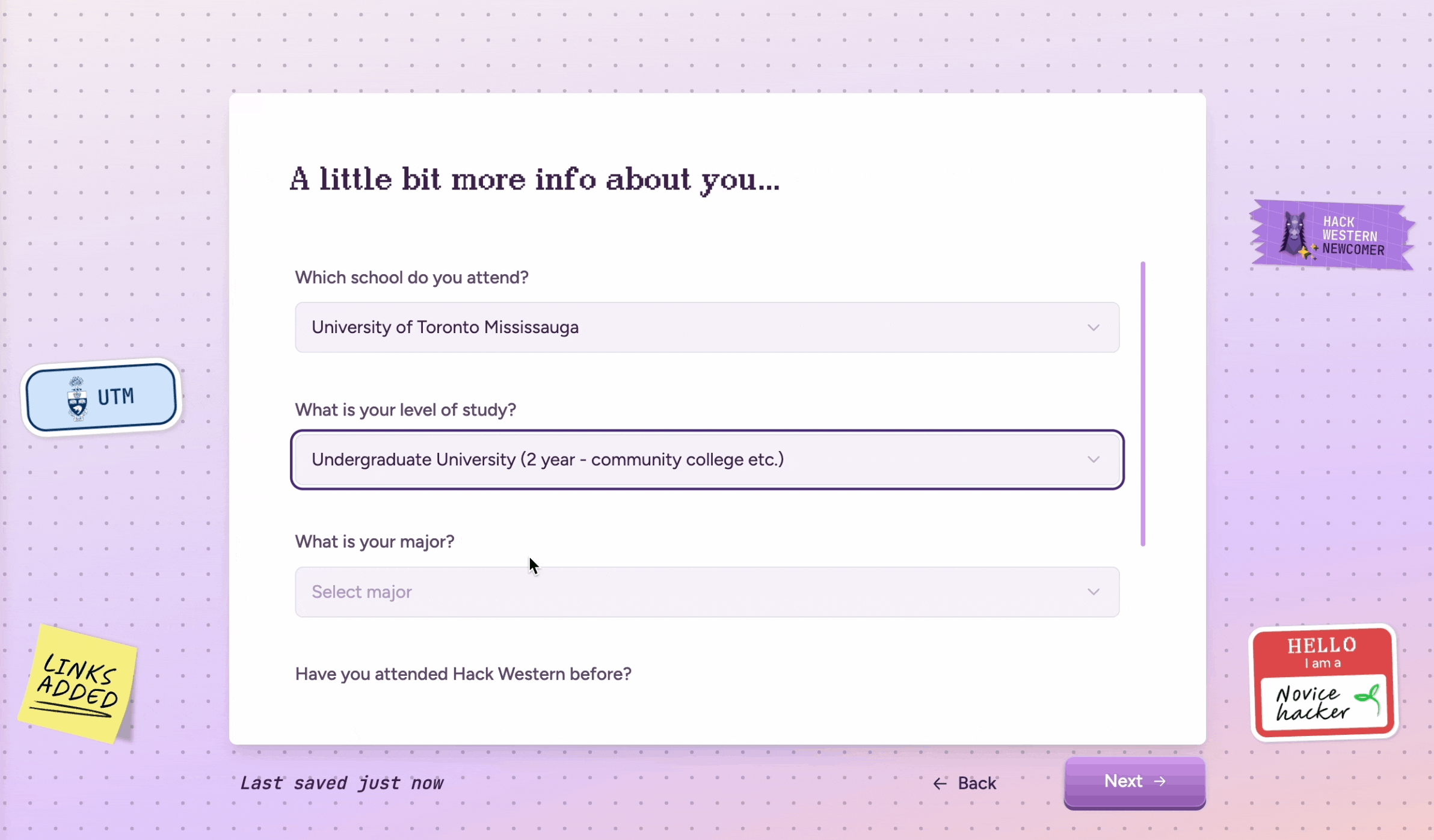 Desktop application form surrounded by unlocked stickers, including a University of Toronto Mississauga badge, a Hack Western Newcomer ribbon, and a Novice Hacker name tag