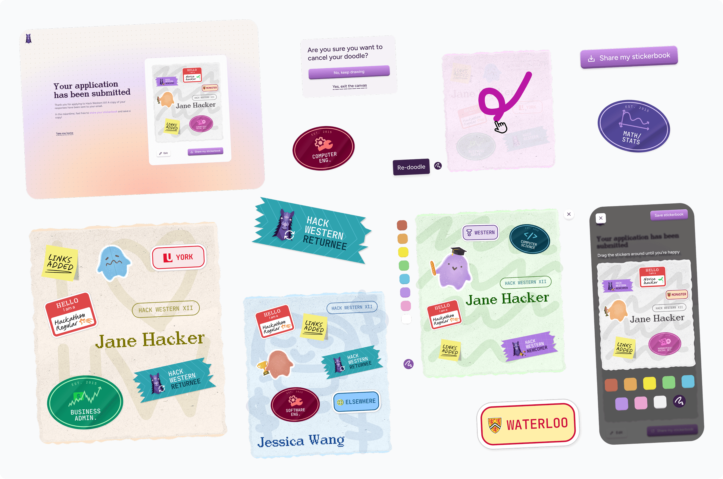Stickerbook page where applicants drag and arrange their collected stickers, with a submission confirmation and share option