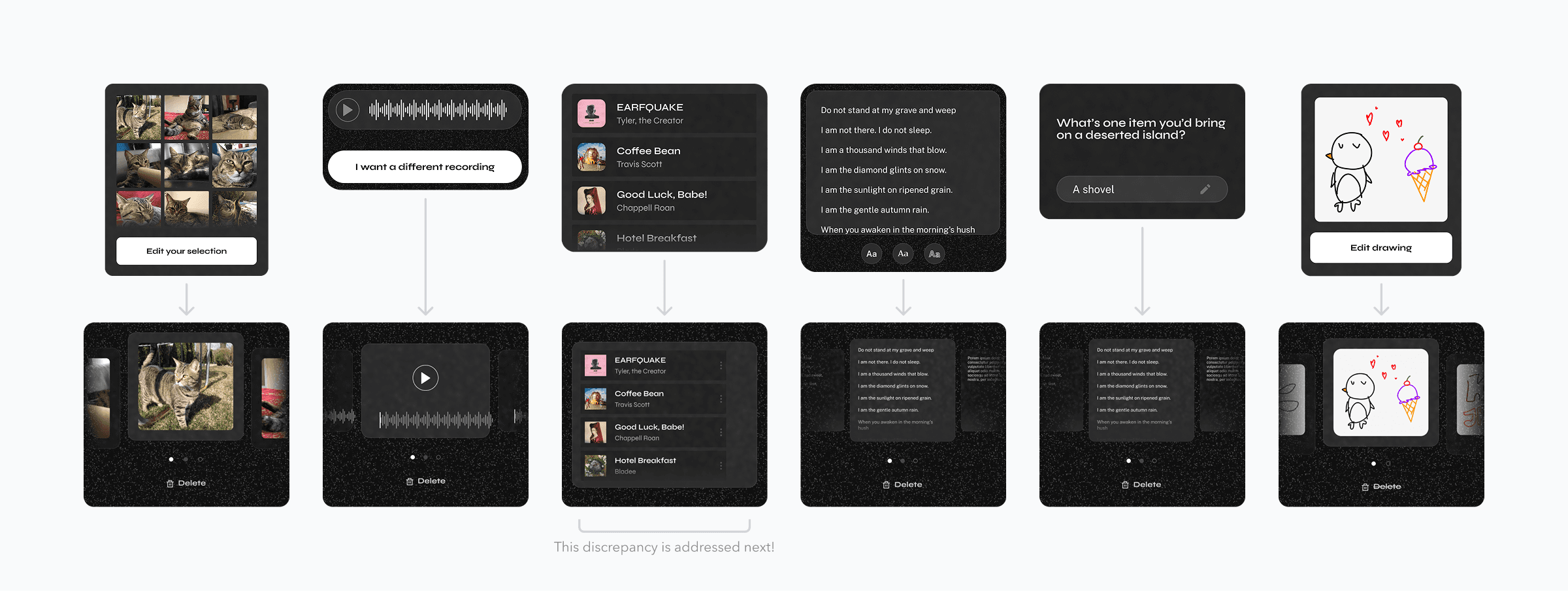Revised carousel treatment applied consistently across photos, voice recordings, songs, notes, prompts, and drawings