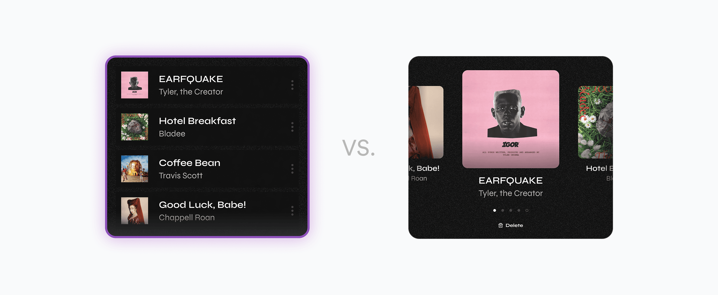 Comparison of a list view versus a swipeable card carousel for a capsule's song selection