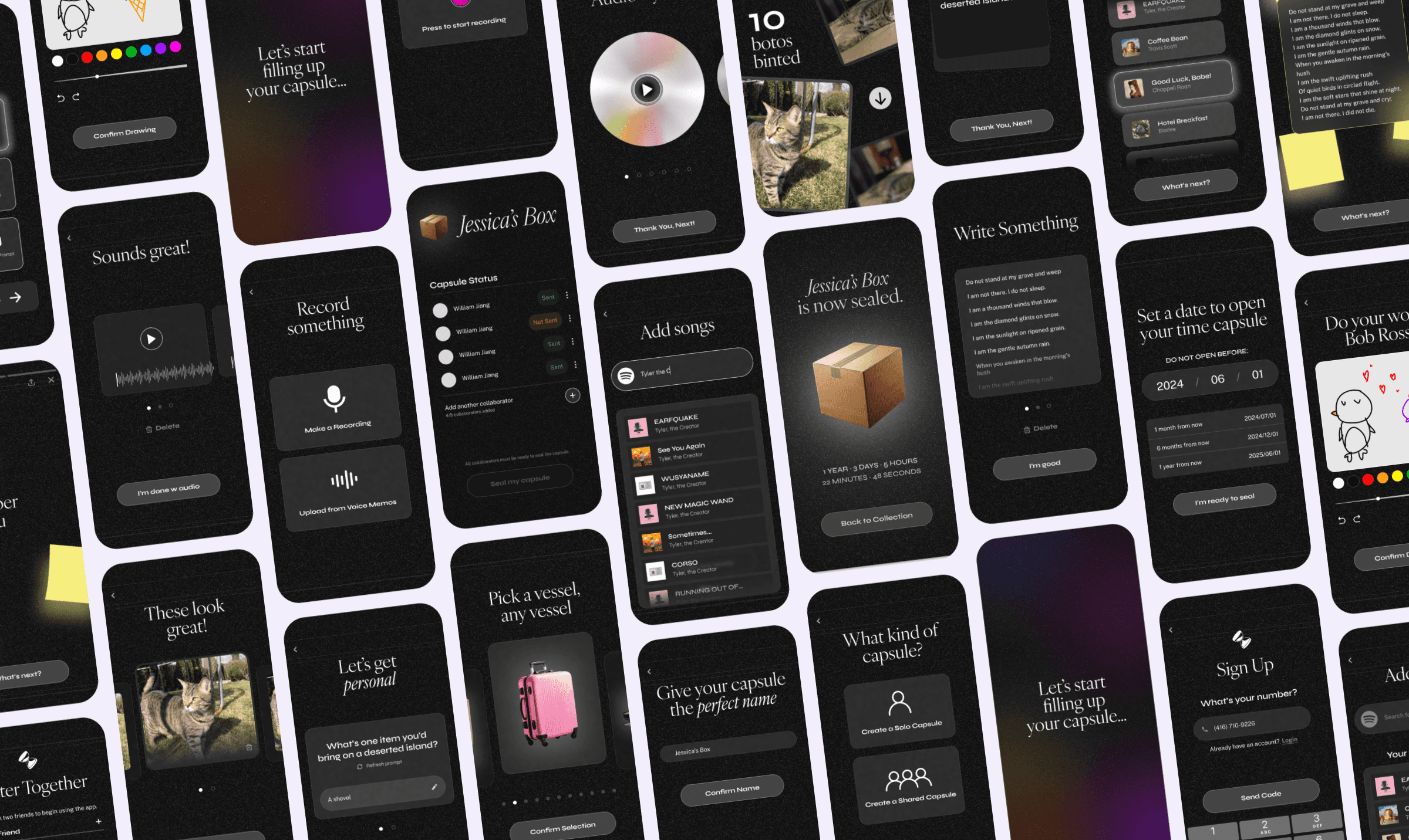 Grid of Retrospect app screens covering onboarding, capsule creation, collaborator status, sealing, and the sealed capsule reveal
