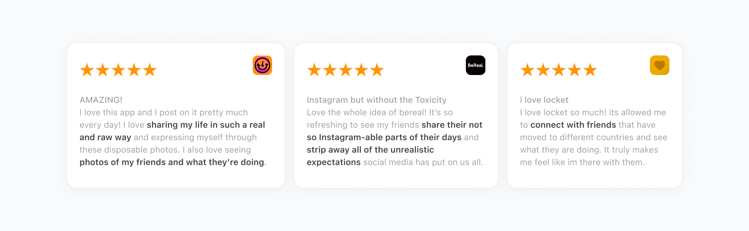Five-star App Store reviews for Lapse, BeReal, and Locket praising their real, unfiltered, and connective experiences