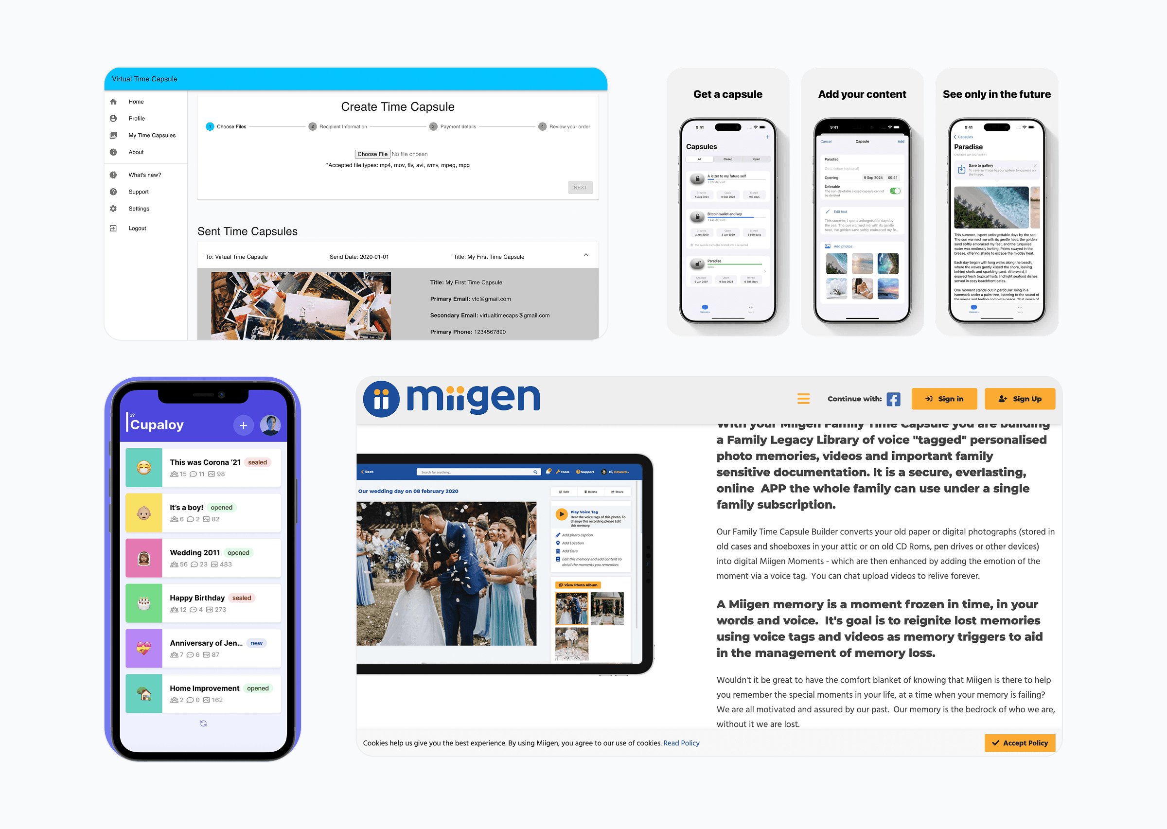 Existing digital time capsule apps — Virtual Time Capsule, a mobile capsule app, Cupaloy, and Miigen's family time capsule builder