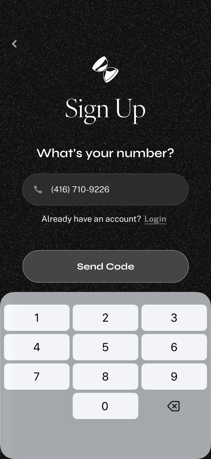 Sign up screen asking for a phone number