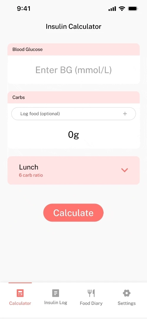 Insulin Calculator screen, showing glucose level and carbohydrate intake inputs alongside the calculated insulin dose