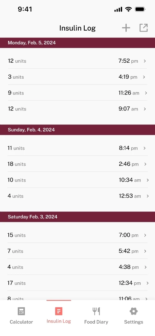 Insulin Log screen, listing automatically and manually logged insulin doses