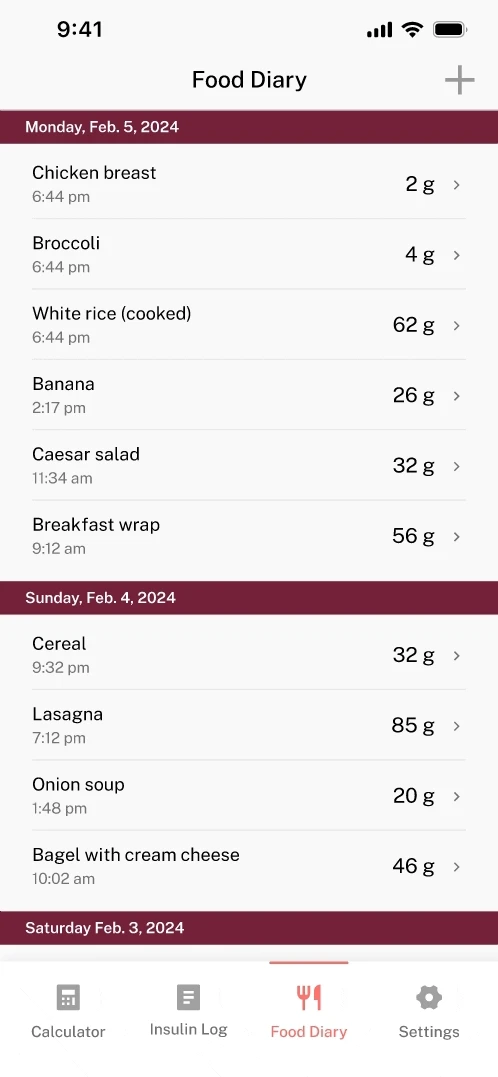 Food Diary screen, listing food entries logged through the insulin calculator